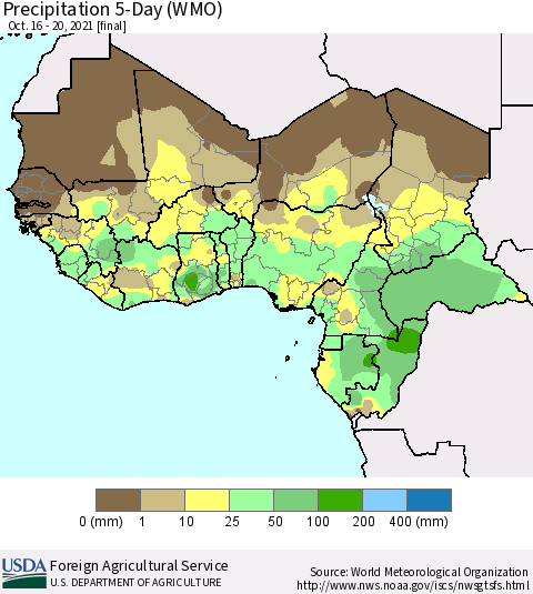 Western Africa Precipitation 5-Day (WMO) Thematic Map For 10/16/2021 - 10/20/2021