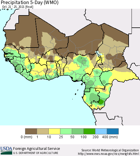 Western Africa Precipitation 5-Day (WMO) Thematic Map For 10/21/2021 - 10/25/2021