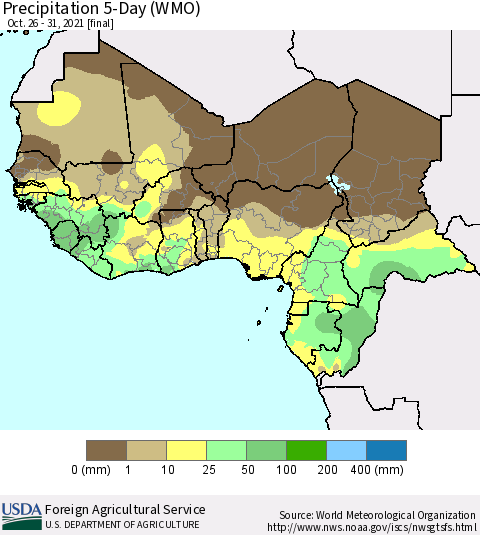 Western Africa Precipitation 5-Day (WMO) Thematic Map For 10/26/2021 - 10/31/2021