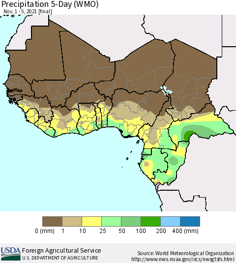 Western Africa Precipitation 5-Day (WMO) Thematic Map For 11/1/2021 - 11/5/2021