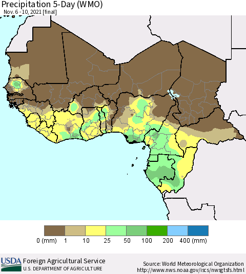 Western Africa Precipitation 5-Day (WMO) Thematic Map For 11/6/2021 - 11/10/2021