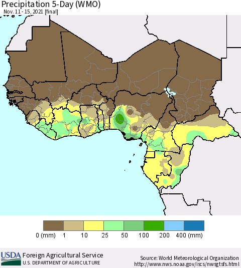 Western Africa Precipitation 5-Day (WMO) Thematic Map For 11/11/2021 - 11/15/2021