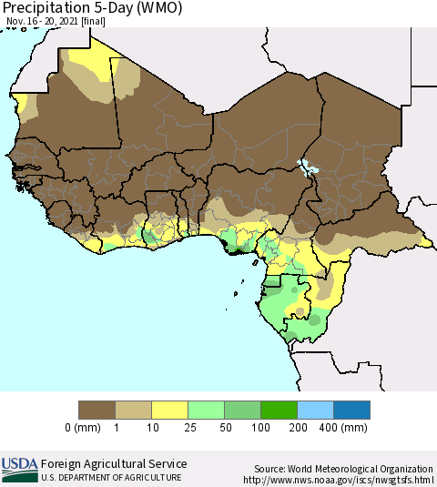 Western Africa Precipitation 5-Day (WMO) Thematic Map For 11/16/2021 - 11/20/2021