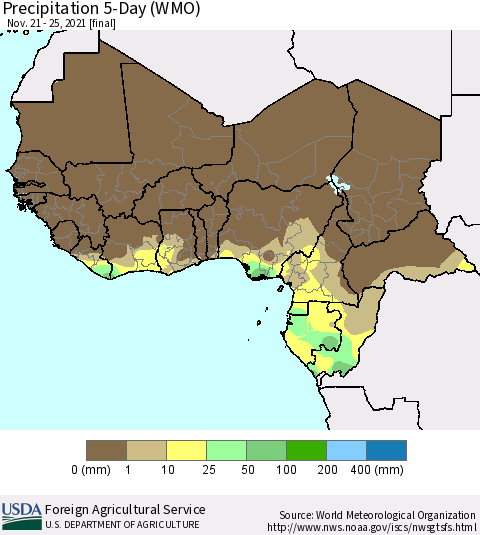 Western Africa Precipitation 5-Day (WMO) Thematic Map For 11/21/2021 - 11/25/2021