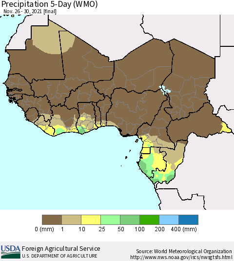 Western Africa Precipitation 5-Day (WMO) Thematic Map For 11/26/2021 - 11/30/2021