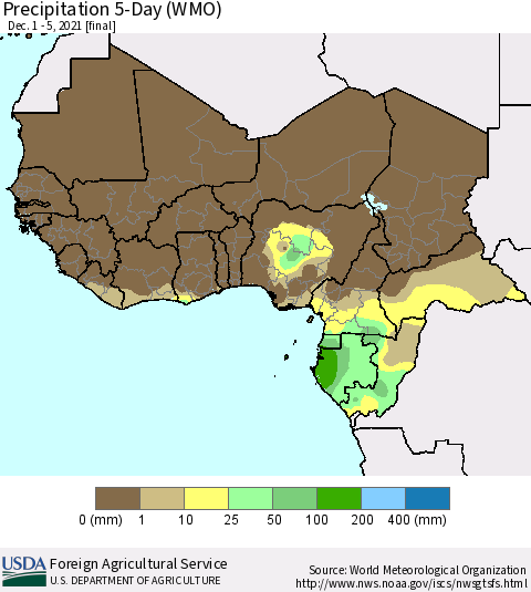 Western Africa Precipitation 5-Day (WMO) Thematic Map For 12/1/2021 - 12/5/2021