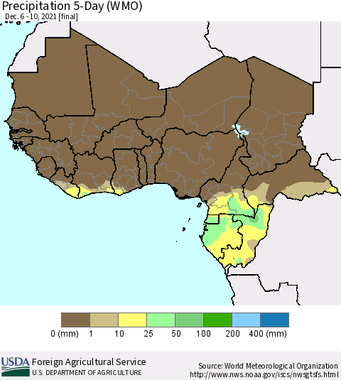 Western Africa Precipitation 5-Day (WMO) Thematic Map For 12/6/2021 - 12/10/2021