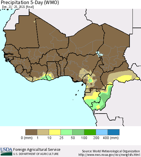 Western Africa Precipitation 5-Day (WMO) Thematic Map For 12/21/2021 - 12/25/2021