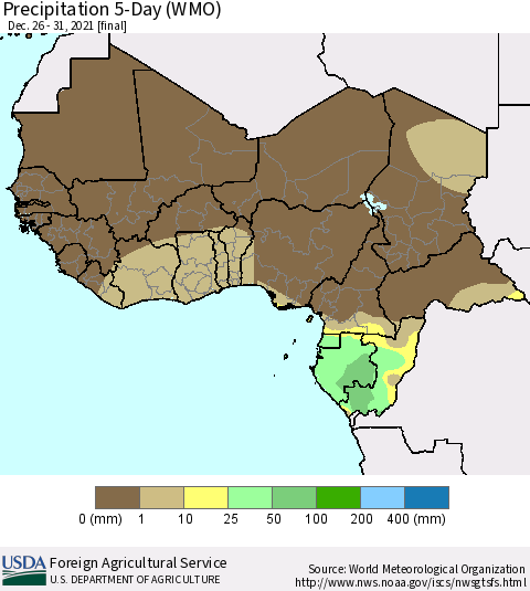 Western Africa Precipitation 5-Day (WMO) Thematic Map For 12/26/2021 - 12/31/2021