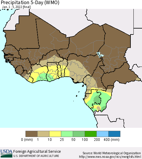Western Africa Precipitation 5-Day (WMO) Thematic Map For 1/1/2022 - 1/5/2022