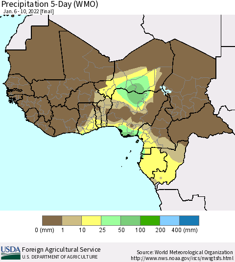 Western Africa Precipitation 5-Day (WMO) Thematic Map For 1/6/2022 - 1/10/2022