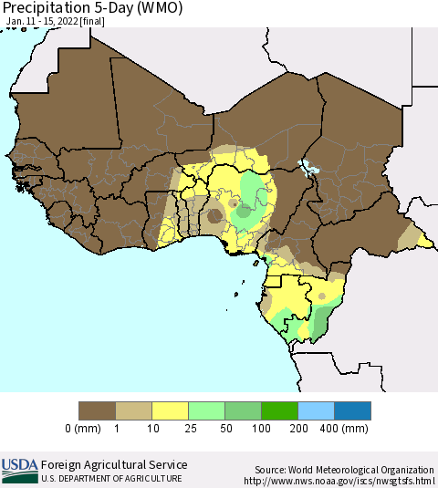 Western Africa Precipitation 5-Day (WMO) Thematic Map For 1/11/2022 - 1/15/2022