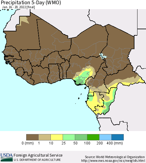 Western Africa Precipitation 5-Day (WMO) Thematic Map For 1/16/2022 - 1/20/2022