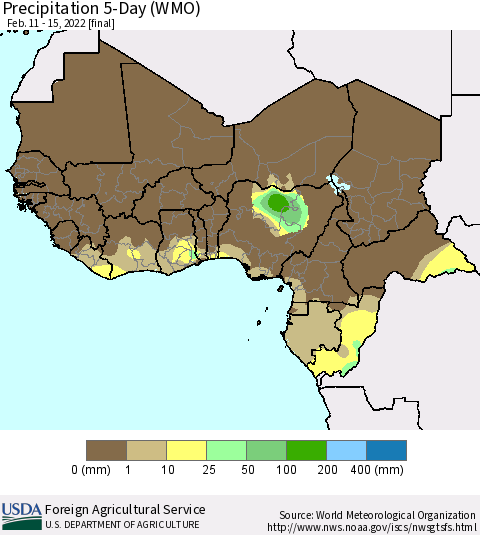 Western Africa Precipitation 5-Day (WMO) Thematic Map For 2/11/2022 - 2/15/2022