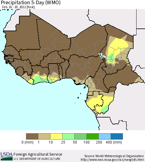 Western Africa Precipitation 5-Day (WMO) Thematic Map For 2/16/2022 - 2/20/2022