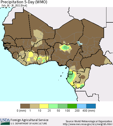 Western Africa Precipitation 5-Day (WMO) Thematic Map For 2/26/2022 - 2/28/2022