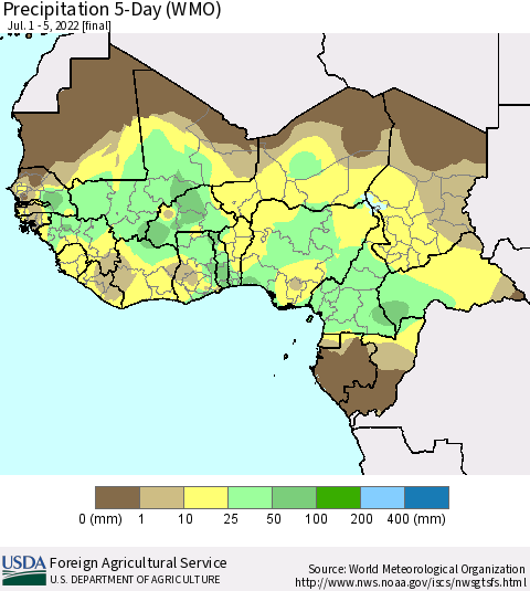 Western Africa Precipitation 5-Day (WMO) Thematic Map For 7/1/2022 - 7/5/2022