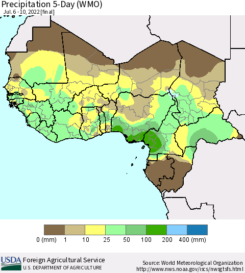 Western Africa Precipitation 5-Day (WMO) Thematic Map For 7/6/2022 - 7/10/2022