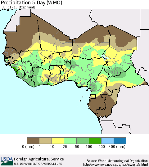 Western Africa Precipitation 5-Day (WMO) Thematic Map For 7/11/2022 - 7/15/2022