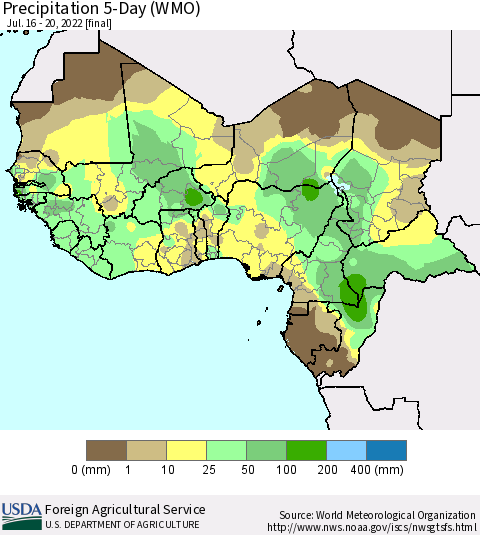 Western Africa Precipitation 5-Day (WMO) Thematic Map For 7/16/2022 - 7/20/2022