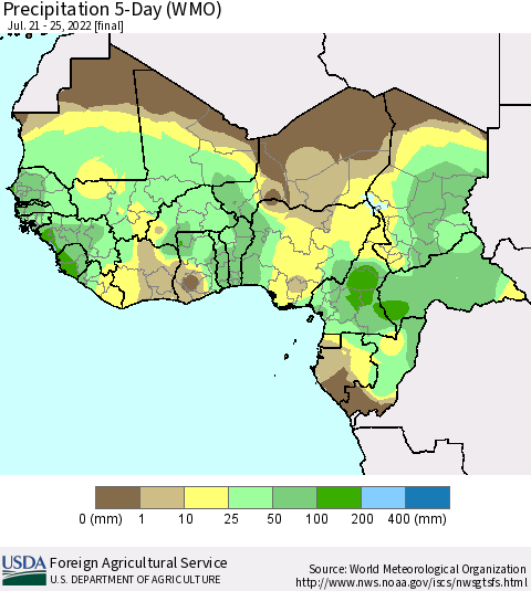 Western Africa Precipitation 5-Day (WMO) Thematic Map For 7/21/2022 - 7/25/2022