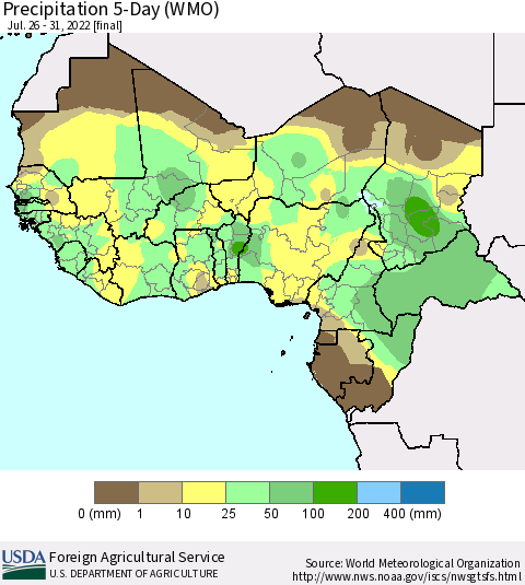 Western Africa Precipitation 5-Day (WMO) Thematic Map For 7/26/2022 - 7/31/2022