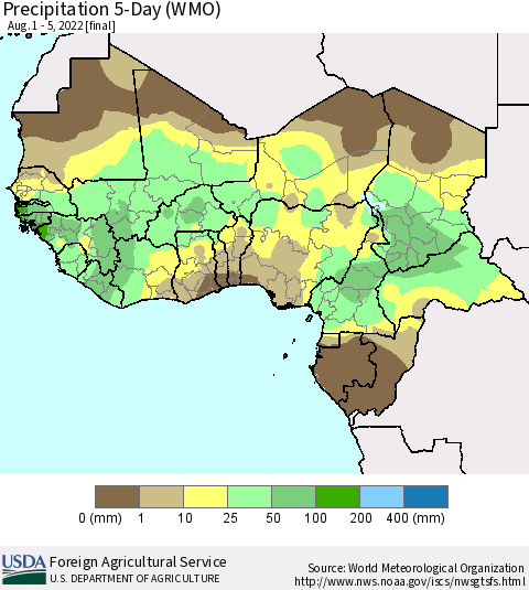 Western Africa Precipitation 5-Day (WMO) Thematic Map For 8/1/2022 - 8/5/2022