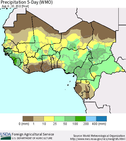 Western Africa Precipitation 5-Day (WMO) Thematic Map For 8/6/2022 - 8/10/2022