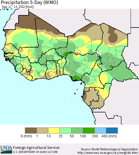 Western Africa Precipitation 5-Day (WMO) Thematic Map For 8/11/2022 - 8/15/2022