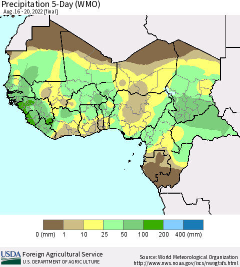 Western Africa Precipitation 5-Day (WMO) Thematic Map For 8/16/2022 - 8/20/2022