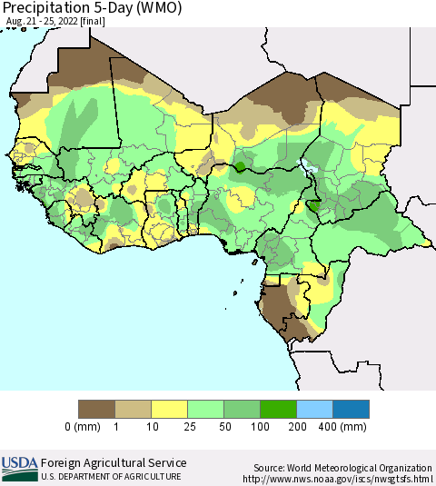 Western Africa Precipitation 5-Day (WMO) Thematic Map For 8/21/2022 - 8/25/2022