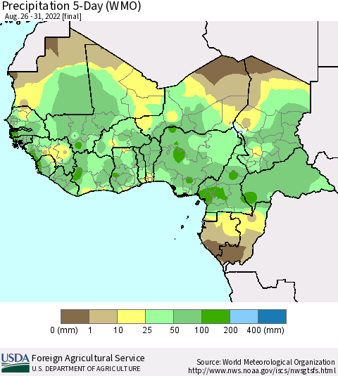 Western Africa Precipitation 5-Day (WMO) Thematic Map For 8/26/2022 - 8/31/2022