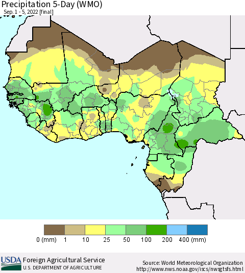 Western Africa Precipitation 5-Day (WMO) Thematic Map For 9/1/2022 - 9/5/2022