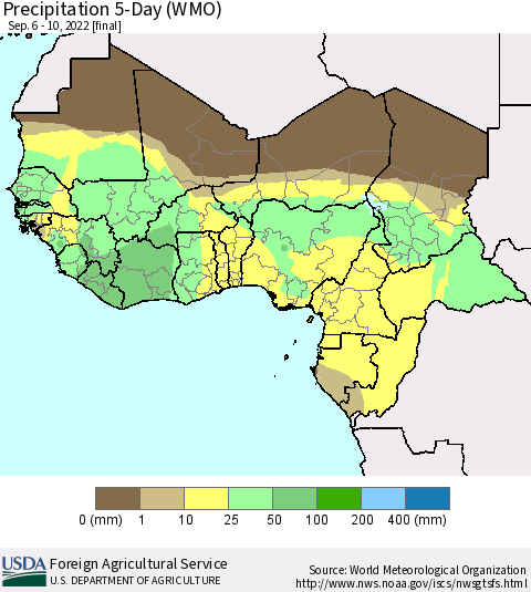 Western Africa Precipitation 5-Day (WMO) Thematic Map For 9/6/2022 - 9/10/2022