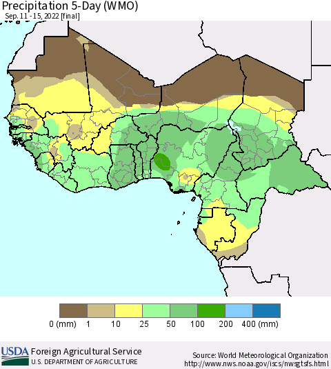 Western Africa Precipitation 5-Day (WMO) Thematic Map For 9/11/2022 - 9/15/2022