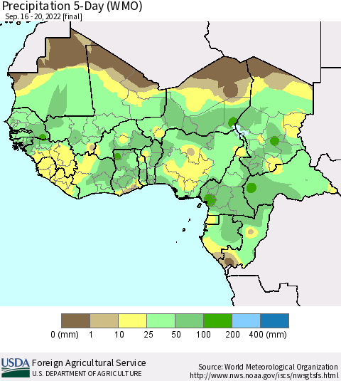 Western Africa Precipitation 5-Day (WMO) Thematic Map For 9/16/2022 - 9/20/2022