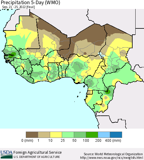 Western Africa Precipitation 5-Day (WMO) Thematic Map For 9/21/2022 - 9/25/2022