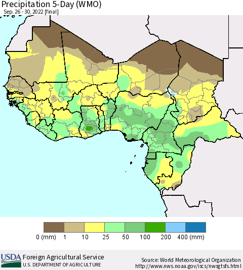Western Africa Precipitation 5-Day (WMO) Thematic Map For 9/26/2022 - 9/30/2022