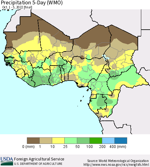Western Africa Precipitation 5-Day (WMO) Thematic Map For 10/1/2022 - 10/5/2022