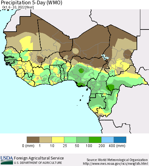 Western Africa Precipitation 5-Day (WMO) Thematic Map For 10/6/2022 - 10/10/2022