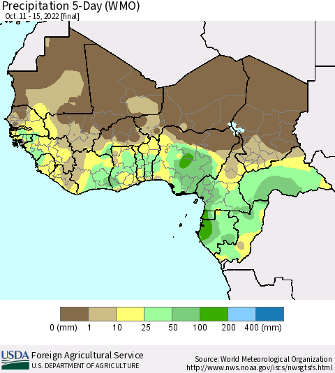 Western Africa Precipitation 5-Day (WMO) Thematic Map For 10/11/2022 - 10/15/2022