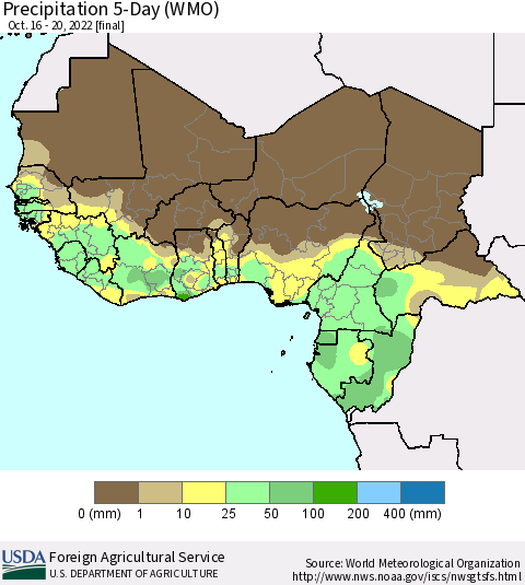 Western Africa Precipitation 5-Day (WMO) Thematic Map For 10/16/2022 - 10/20/2022