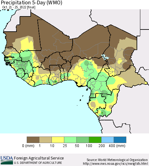 Western Africa Precipitation 5-Day (WMO) Thematic Map For 10/21/2022 - 10/25/2022