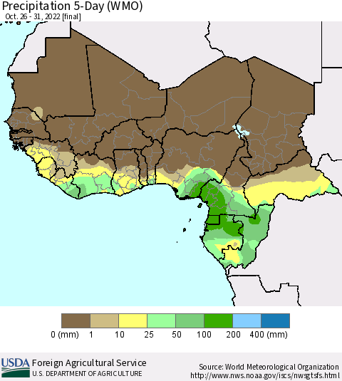 Western Africa Precipitation 5-Day (WMO) Thematic Map For 10/26/2022 - 10/31/2022