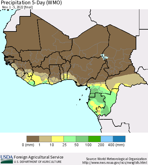 Western Africa Precipitation 5-Day (WMO) Thematic Map For 11/1/2022 - 11/5/2022