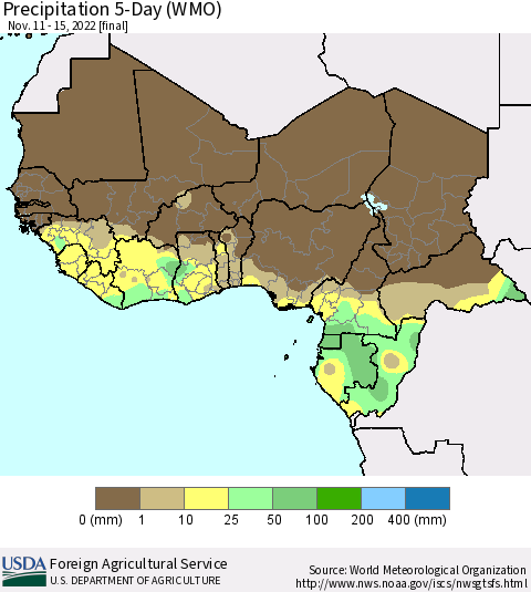 Western Africa Precipitation 5-Day (WMO) Thematic Map For 11/11/2022 - 11/15/2022