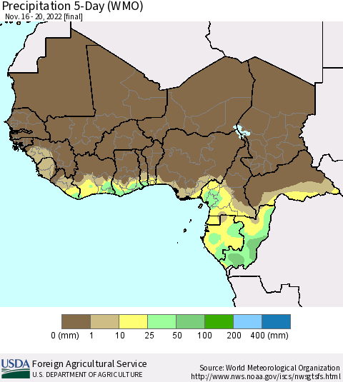 Western Africa Precipitation 5-Day (WMO) Thematic Map For 11/16/2022 - 11/20/2022