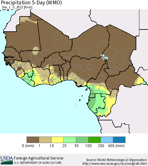Western Africa Precipitation 5-Day (WMO) Thematic Map For 12/1/2022 - 12/5/2022
