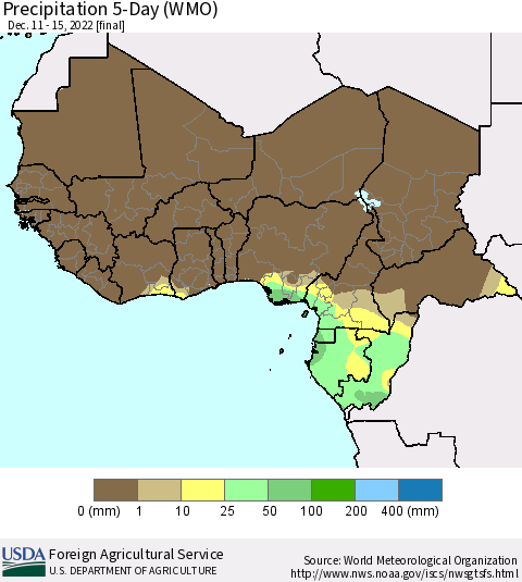 Western Africa Precipitation 5-Day (WMO) Thematic Map For 12/11/2022 - 12/15/2022