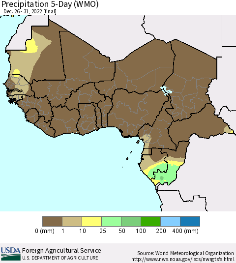 Western Africa Precipitation 5-Day (WMO) Thematic Map For 12/26/2022 - 12/31/2022